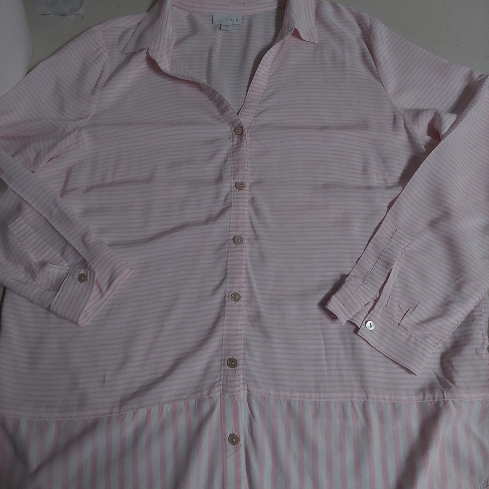 J Jill Pink White Stripped Tunic Top Button Down Light Silky Long Sleeve Size L - Picture 7 of 10